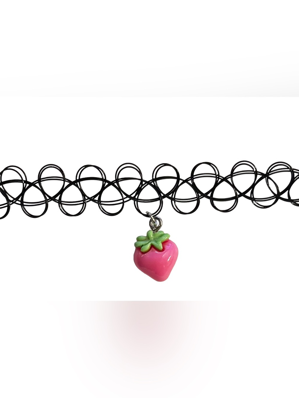 Black Tattoo-Choker Necklace with Pink Strawberry Charm